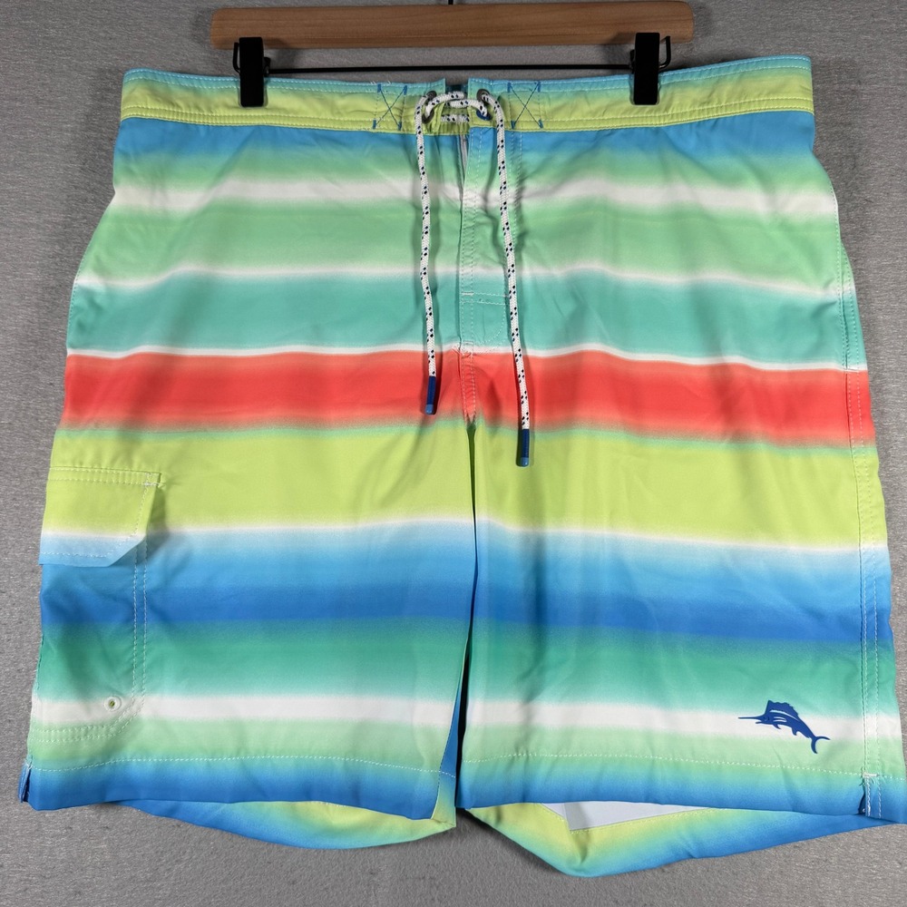 Tommy‎ Bahama Mens XL Striped Swim Trunks Blue Green Orange Board Shorts 12441
